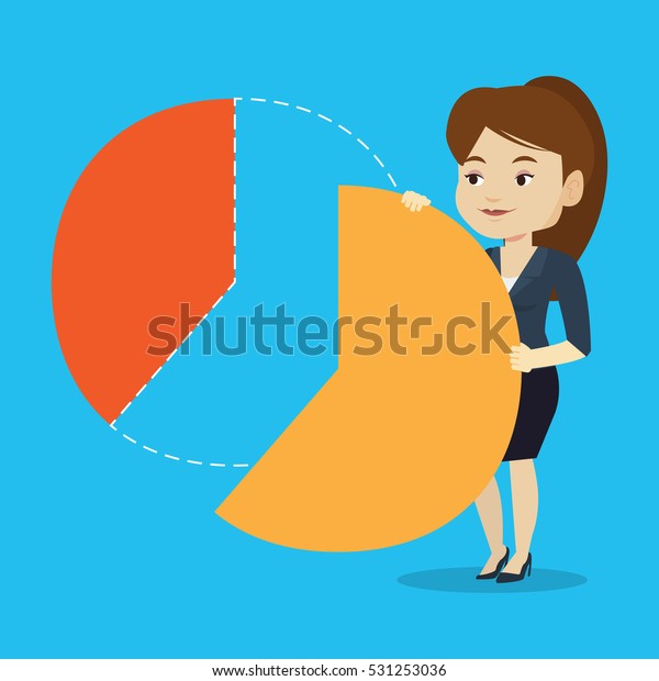 Caucasian female shareholder taking her share of\
financial pie chart. Young shareholder getting her share of profit.\
Business woman sharing profit. Vector flat design illustration.\
Square layout.