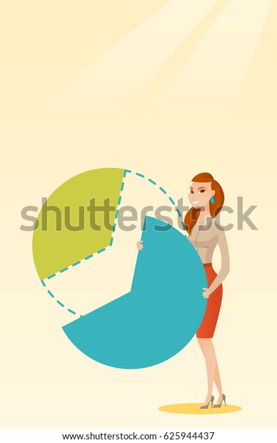 Caucasian female shareholder taking her share of\
financial pie chart. Young shareholder getting her share of profit.\
Business woman sharing profit. Vector flat design illustration.\
Vertical layout.