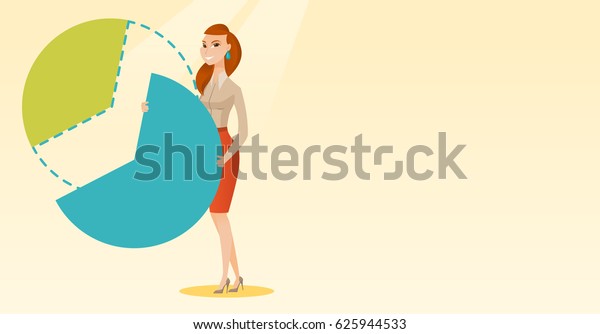 Caucasian female shareholder taking her share of\
financial pie chart. Young shareholder getting her share of profit.\
Business woman sharing profit. Vector flat design illustration.\
Horizontal layout.