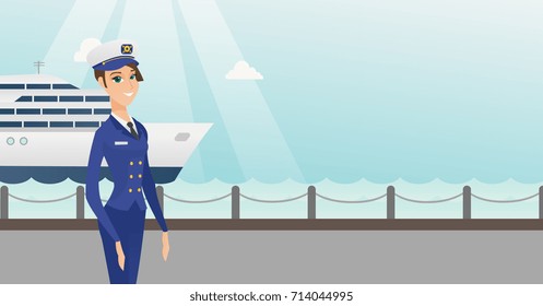 Caucasian female ship captain standing on the background of sea and cruise ship. Young ship captain in uniform standing on the seacoast background. Vector cartoon illustration. Horizontal layout.