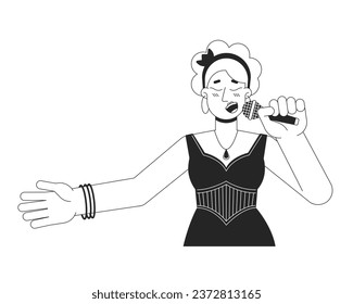 Caucasian female singer vocalist holding microphone black and white 2D line cartoon character. European adult woman isolated vector outline person. Concert singing monochromatic flat spot illustration