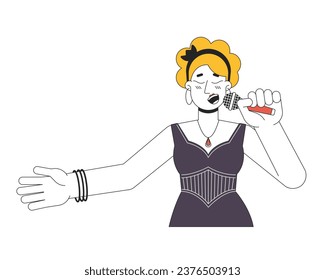 Caucasian female singer vocalist holding microphone 2D linear cartoon character. European adult woman isolated line vector person white background. Concert singing color flat spot illustration