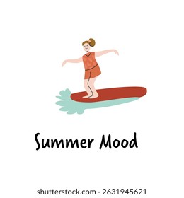 Caucasian female teen surfing illustration with summer theme and positive vibes.