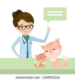 Caucasian female vet doctor with cats,speech bubble,flat vector illustration