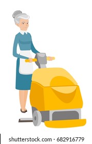 Caucasian female worker cleaning the store floor with a machine. Senior woman using cleaning machine to clean the floor. Cleaning service. Vector flat design illustration isolated on white background.