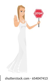 Caucasian fiancee in white dress showing stop road sign. Full length of fiancee holding stop road sign. Fiancee with stop road sign. Vector flat design illustration isolated on white background.