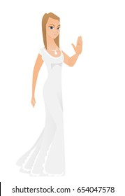 Caucasian fiancee in white dress showing palm hand. Full length of fiancee showing palm hand. Fiancee making stop gesture by her palm. Vector flat design illustration isolated on white background.