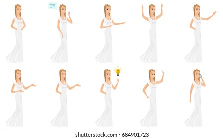 Caucasian fiancee in a white dress standing with raised arms up. Full length of young fiancee celebrating with raised arms up. Set of vector flat design illustrations isolated on white background.