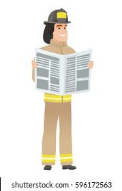 Caucasian firefighter reading newspaper. Young firefighter standing with newspaper in hands. Firefighter reading good news in newspaper. Vector flat design illustration isolated on white background.