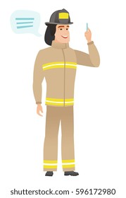 Bombeiro caucasiano com balão de fala. Bombeiro discursando na conferência. Bombeiro com balão de fala saindo de sua cabeça. Ilustração de design plano vetorial isolada no plano de fundo branco