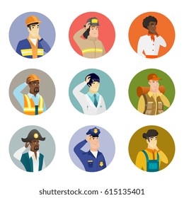 Caucasian firefighter thinking. Firefighter thinking with hand on chin. Firefighter thinking and looking to the side. Set of vector flat design illustrations in the circle isolated on white background
