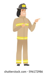 Caucasian firefighter in uniform pointing to the side. Firefighter pointing his finger to the side. Firefighter pointing to the right side. Vector flat design illustration isolated on white background
