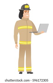 Caucasian firefighter in uniform using laptop. Full length of young firefighter working on a laptop. Cheerful firefighter holding laptop. Vector flat design illustration isolated on white background.