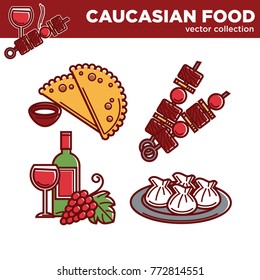 Caucasian food vector collection of delicious dishes and drink