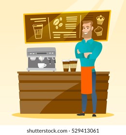 Caucasian friendly barista sanding in front of coffee machine. Male barista at coffee shop. Barista making a cup of coffee. Friendly barista at work. Vector flat design illustration. Square layout.