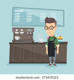 Caucasian friendly barista sanding in front of coffee machine. Barista at coffee shop. Barista making a cup of coffee. Vector flat design illustration. Square layout.