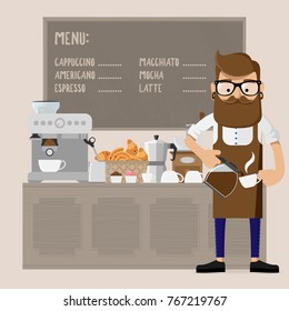 Caucasian friendly barista sanding in front of coffee machine. Barista at coffee shop. Barista making a cup of coffee. Vector flat design illustration. Square layout.