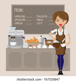 Caucasian friendly barista sanding in front of coffee machine. Barista at coffee shop. Barista making a cup of coffee. Vector flat design illustration. Square layout.