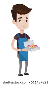 Caucasian friendly delivery man holding a box of cakes. A baker delivering cakes. Young delivery man with cupcakes. Food delivery service. Vector flat design illustration isolated on white background.