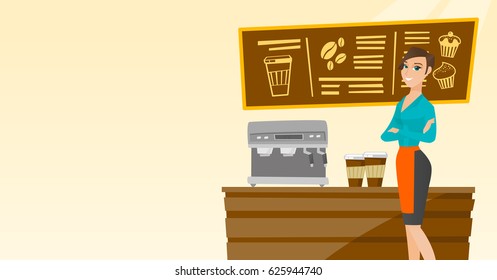 Caucasian friendly female barista sanding in front of coffee machine. Smiling barista sanding at coffee shop. Young barista making a cup of coffee. Vector flat design illustration. Horizontal layout.