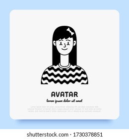 Caucasian friendly and happy young woman, teenager or girl avatar with long hair. Flat style. Vector illistration.