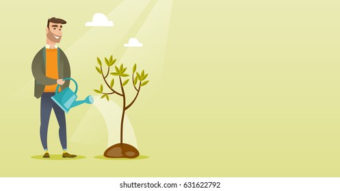 Caucasian friendly man watering tree. Gardener with watering can. Young hipster man with beard gardening. Concept of environmental protection. Vector flat design illustration. Horizontal layout.