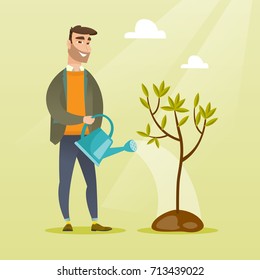 Caucasian friendly man watering tree. Gardener with watering can. Young hipster man with beard gardening. Concept of environmental protection. Vector flat design illustration. Square layout.