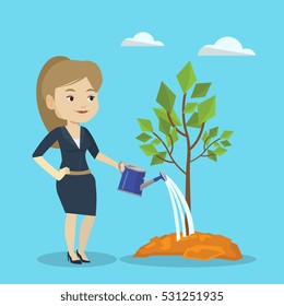 Caucasian friendly woman watering tree. Female gardener with watering can. Young woman gardening. Concept of environmental protection. Vector flat design illustration. Square layout.