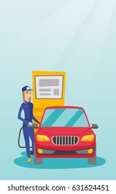 Caucasian friendly worker filling up fuel into the car. Smiling female worker in workwear at the gas station. Young gas station worker refueling a car. Vector flat design illustration. Vertical layout
