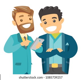 Caucasian friends looking at smartphone. Happy male friends looking at smartphone and laughing. Vector cartoon illustration isolated on white background.