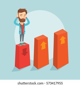 Caucasian frightened bankrupt business man clutching his head. Young hipster bankrupt standing on chart going down. Concept of business bankruptcy. Vector flat design illustration. Square layout.