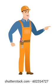 Caucasian furious builder screaming and pointing his finger to the right. Full length of aggressive builder screaming and shaking finger. Vector flat design illustration isolated on white background.