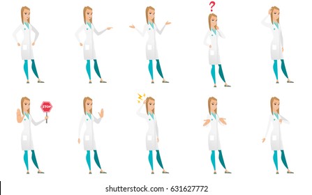 Caucasian furious doctor screaming and pointing finger to the right. Full length of aggressive doctor screaming and shaking finger. Set of vector flat design illustrations isolated on white background