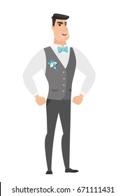 Caucasian furious groom screaming. Full length of young furious groom in a wedding suit shouting. Illustration of furious groom yelling. Vector flat design illustration isolated on white background.