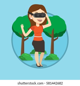 Caucasian gamer wearing virtual reality headset in the park. Woman using virtual reality glasses and playing videogame in the park. Vector flat design illustration in the circle isolated on background
