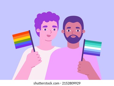 Caucasian gay male couple. Pride month celebration. Men holding LGBTQI+ flags. Vector illustration