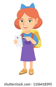 Caucasian girl with backpack using a cellphone. Little girl addicted to her cellphone. Smiling girl pointing at cellphone. Vector sketch cartoon illustration isolated on white background.