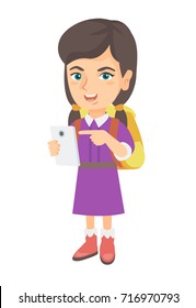Caucasian girl with backpack using a cellphone. Little girl addicted to her cellphone. Smiling girl pointing at cellphone. Vector sketch cartoon illustration isolated on white background.