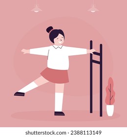 Caucasian girl ballet dancer training in class. cartoon female character. little ballerina girl dancing. Cute kid in ballet class. flat vector illustration