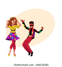 Caucasian girl and black man in 1980s, eighties style clothes dancing disco, cartoon vector illustration with space for text. Man and woman in 80s style clothing dancing at retro disco party