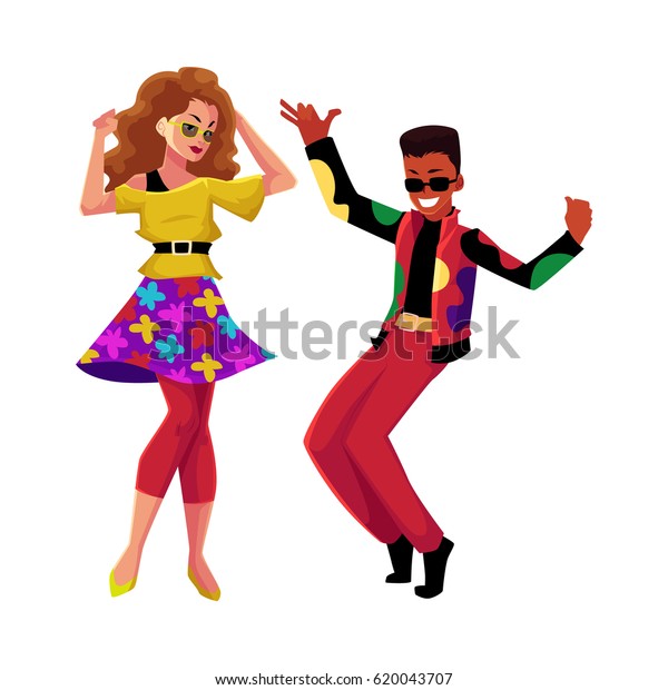 1980年代の白人の女の子と黒人の男性 80年代の服のダンスディスコ 白い背景に漫画のベクターイラスト レトロなディスコパーティーで80代の男女が踊る服 のベクター画像素材 ロイヤリティフリー