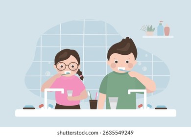 Menina e menino caucasiano escovando dentes com pasta de dente e escova de dentes. Cuidados dentários. Limpeza adequada dos dentes. Rotinas de higiene diárias. Crianças bonitas juntas no banheiro. ilustração vetor plana