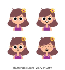 Caucasian girl child character, brown hair, purple overalls and yellow flower in pastel colors with different facial expressions, happy, joyful, surprised, scared and smiling.