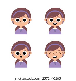 Caucasian girl child character, brown hair, purple sweater in pastel colors with different facial expressions, happy, joyful, surprised, scared and smiling.