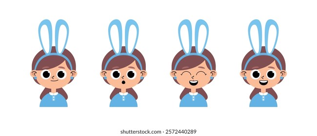 Caucasian girl child character, brown hair, blue sweater and bunny ears in pastel colors with different facial expressions, happy, joyful, surprised, scared and smiling.