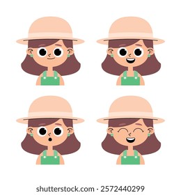 Caucasian girl child character, brown hair, green overalls and hat and in pastel colors with different facial expressions, happy, joyful, surprised, scared and smiling.