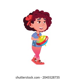 caucasian girl child play with pegtop toy cartoon vector. caucasian girl child play with pegtop toy character. isolated flat cartoon illustration