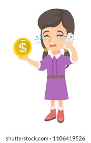 Caucasian girl crying while talking on smartphone and holding gold coin in hand. Little business girl with smartphone and golden coin. Vector sketch cartoon illustration isolated on white background
