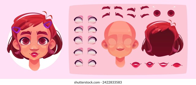 Caucasian girl face constructor set. Vector cartoon illustration of female character avatar design kit with head, brown hairstyle, smiling and sad mouth, eyes, eyebrows templates, facial expressions