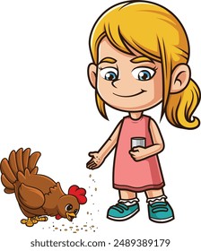 Caucasian girl feeding hen vector illustration
